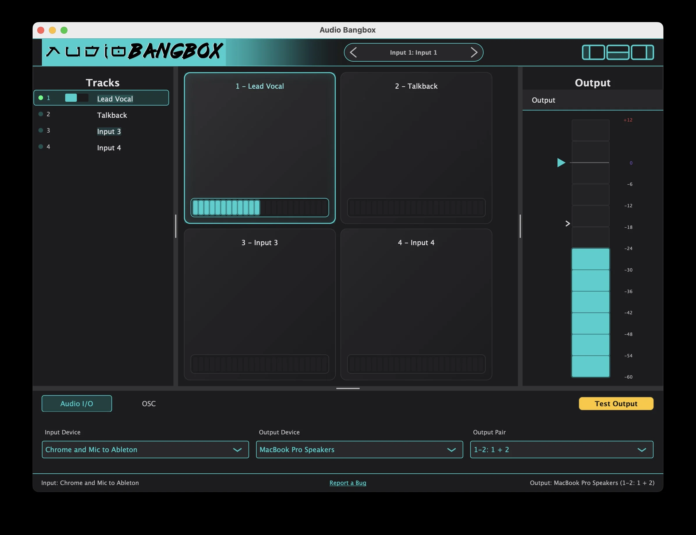 Audio Bangbox app showing multi-channel level meters